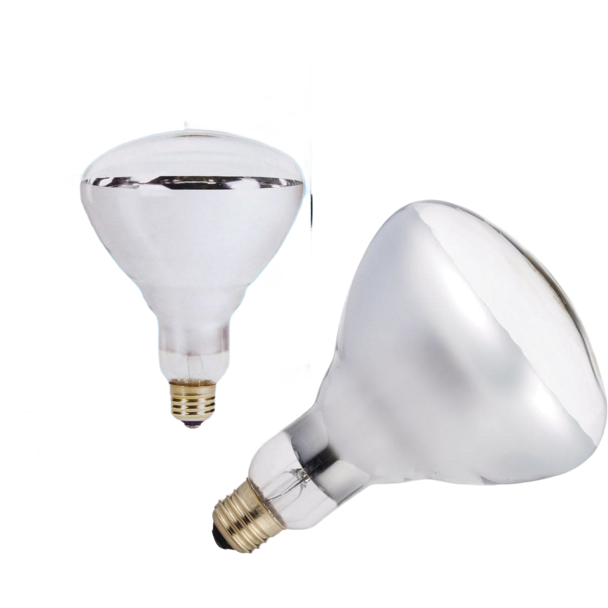 Two reflective incandescent heat bulbs with standard screw bases for recessed lighting and home improvement use