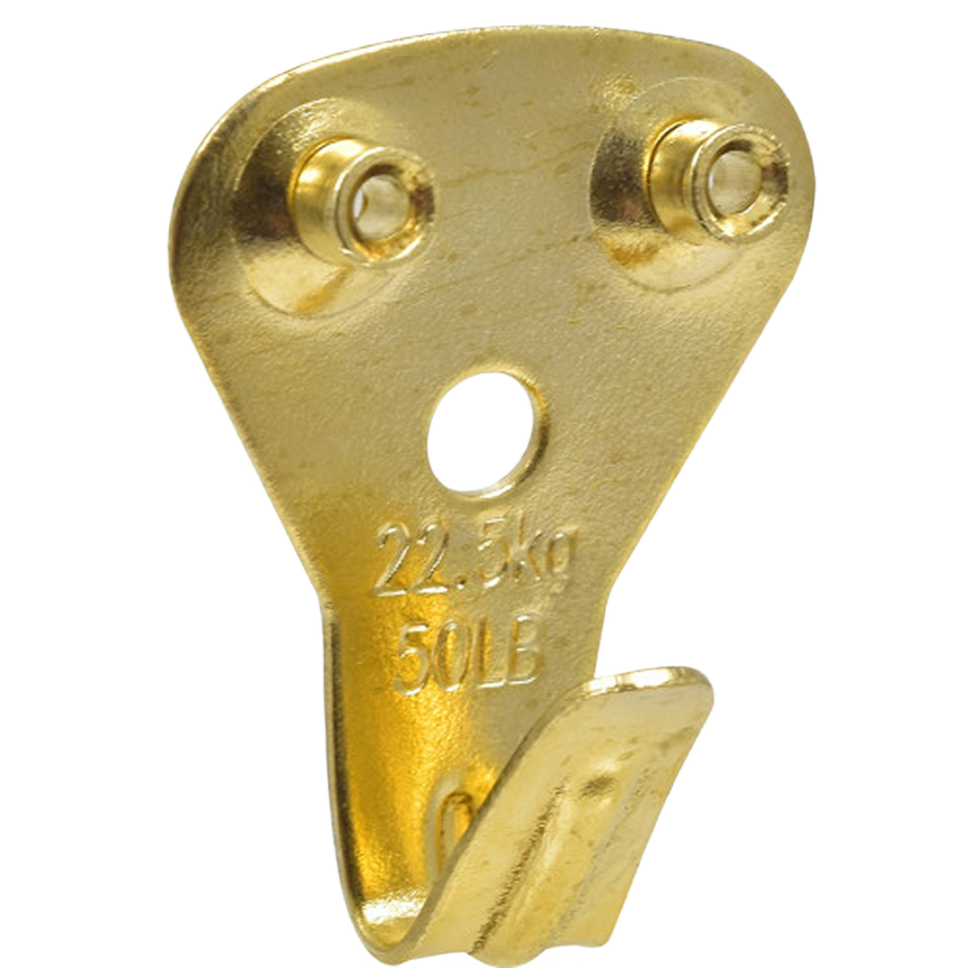 Brass plated picture hanger with two nails included, supporting up to 50 pounds for home decor and hardware use