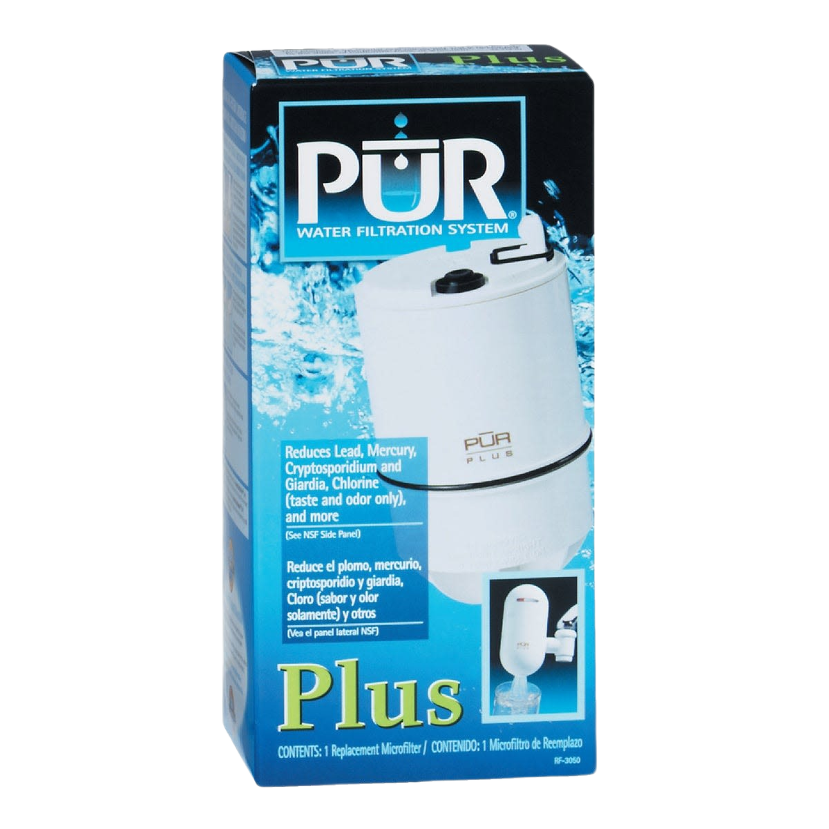 Box packaging for a PUR Plus water filtration cartridge designed to reduce contaminants in home water systems