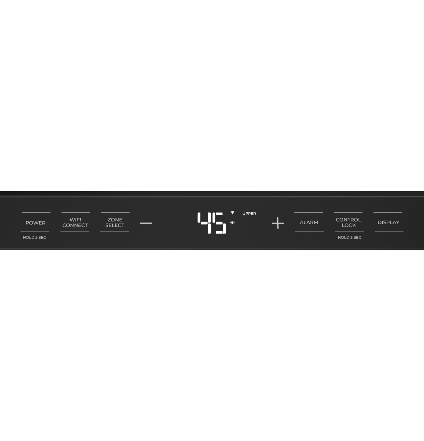 Digital control panel for temperature adjustment and settings on beverage center display with power, alarm, and lock features