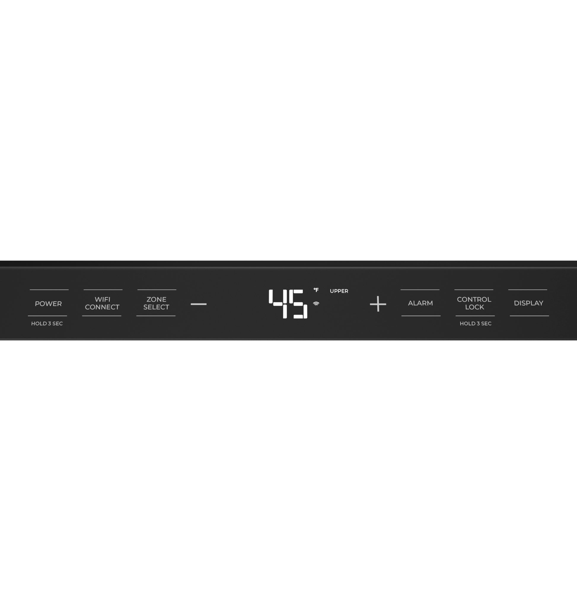 Digital control panel for temperature adjustment and settings on beverage center display with power, alarm, and lock features