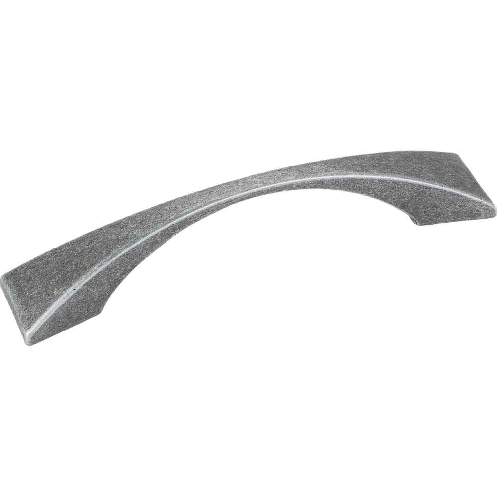 Distressed antique silver 96mm cabinet pull with a curved design for furniture and home improvement projects.