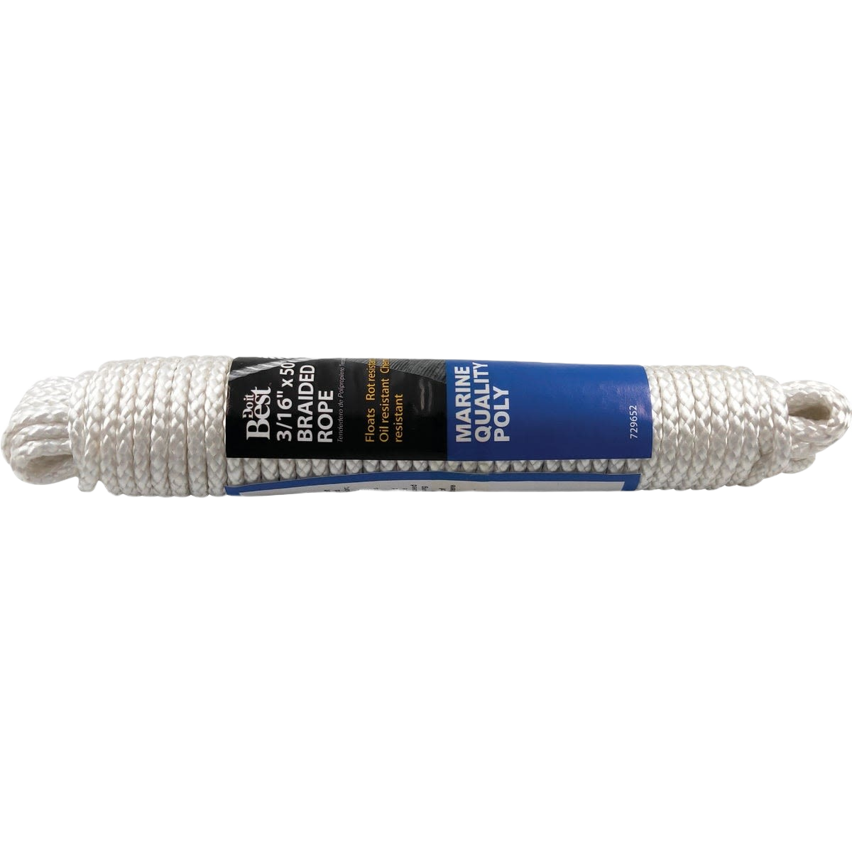 White braided polypropylene rope, 50 ft. packaged coil, suitable for marine and home improvement use