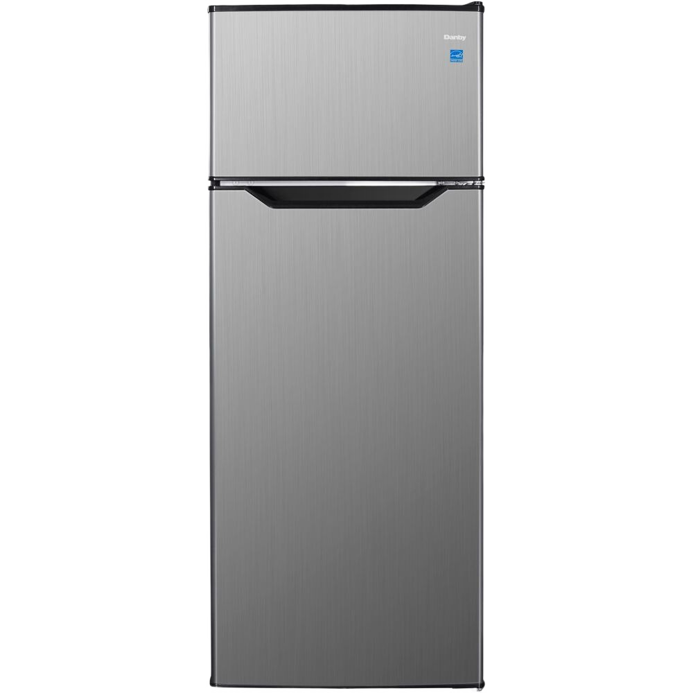 Compact stainless steel top-freezer refrigerator with manual defrost and crisper in kitchen and appliances collection
