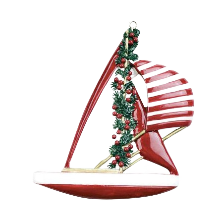 Red and white striped festive sailboat ornament decorated with holly berries for Christmas tree decor under 50 dollars
