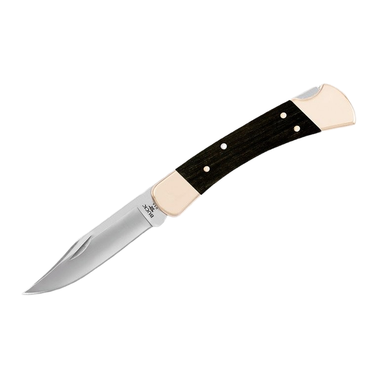 Black handle folding hunting knife with clip point blade, ideal for cutting tasks in woodworking and outdoor hand tool collections
