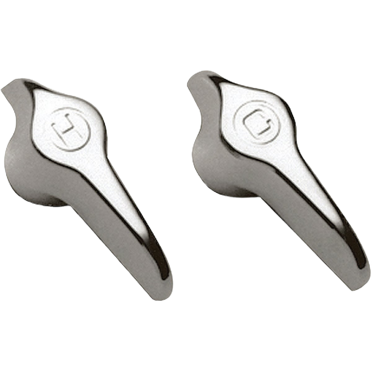 Pair of polished metal replacement faucet handles with raised H and C markers for hot and cold water control