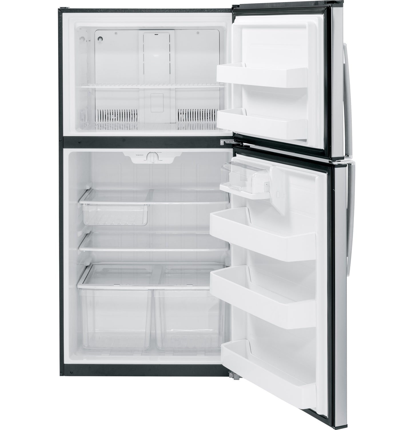 Open white top-freezer refrigerator with adjustable shelves and clear crisper drawers in kitchen appliances collection