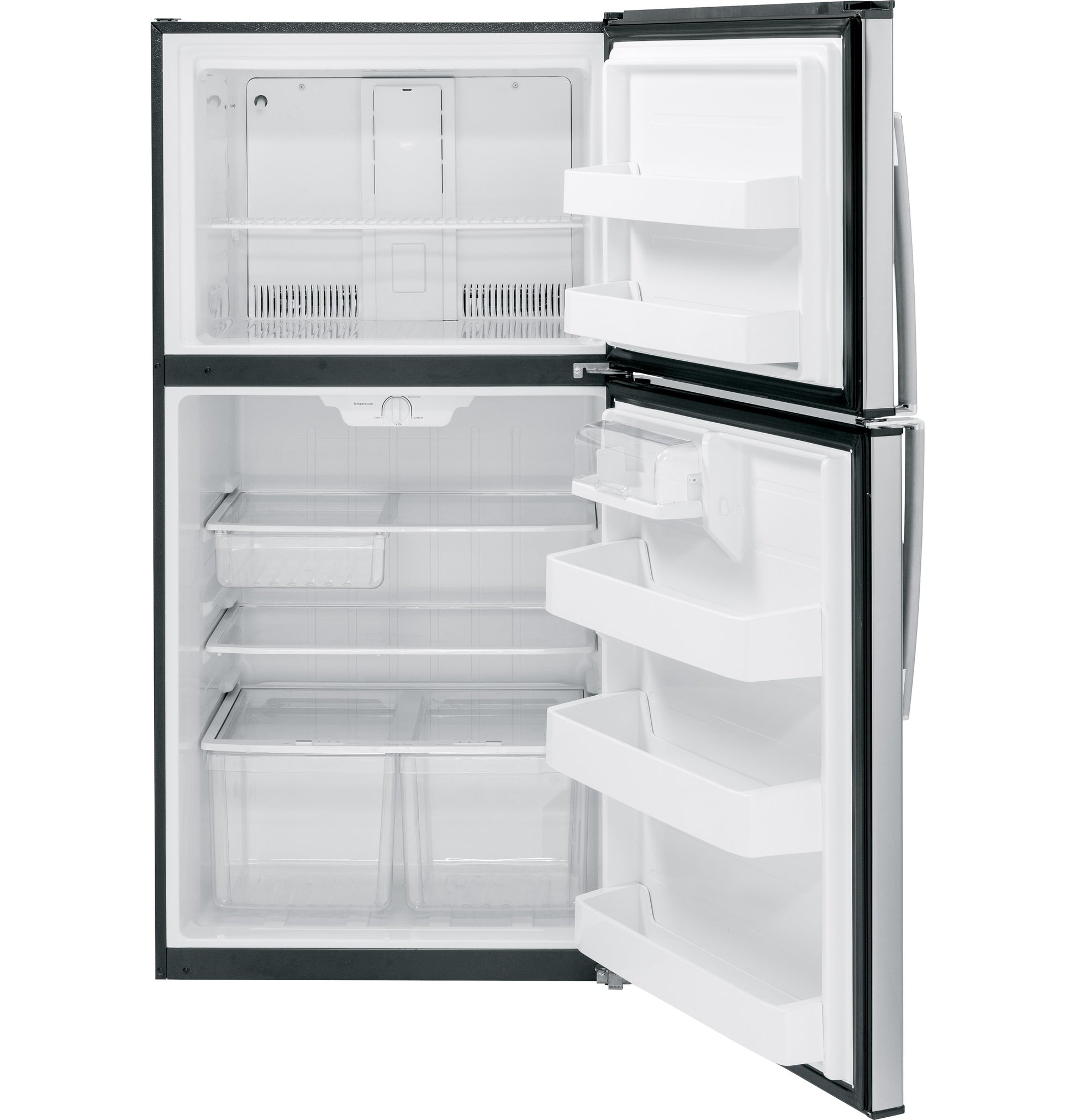 Open white top-freezer refrigerator with adjustable shelves and clear crisper drawers in kitchen appliances collection