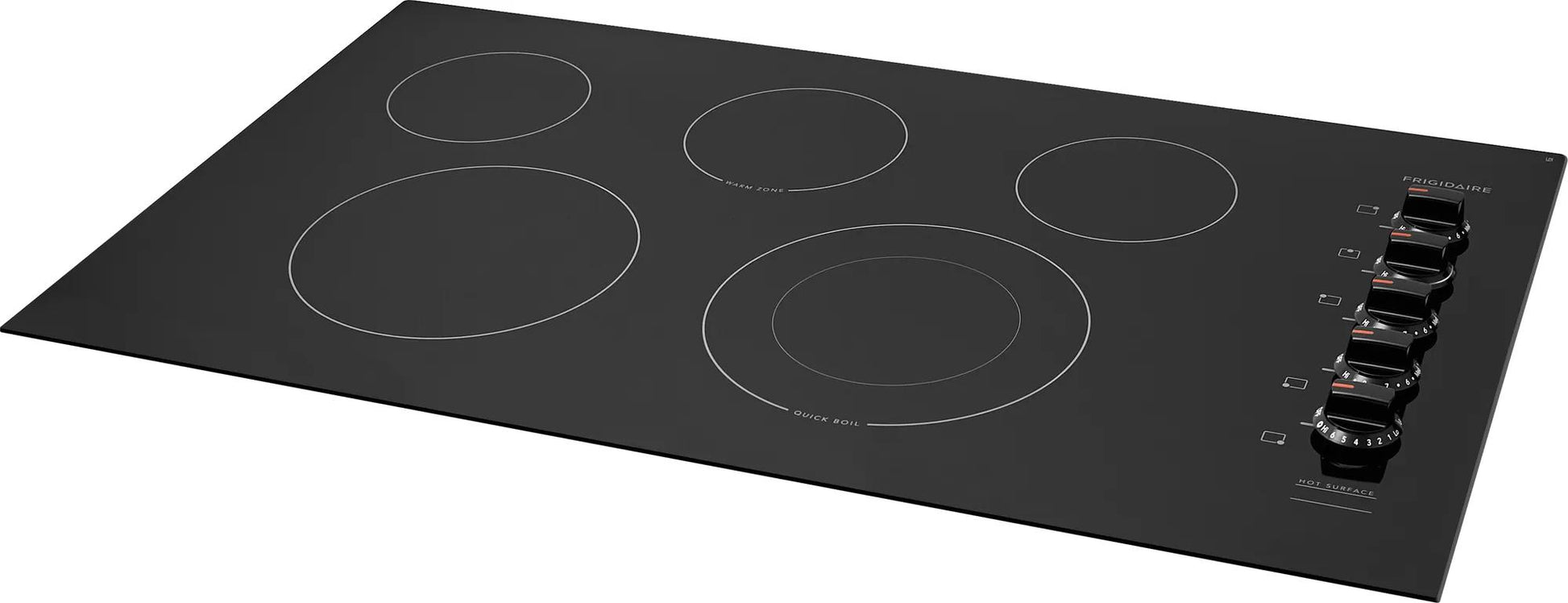 Black electric cooktop with five radiant heating zones and rotary control knobs from Cooktops and Appliances collections