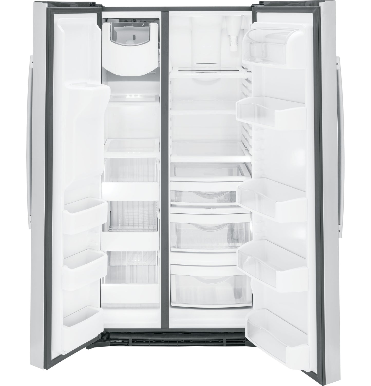 Open GE Profile side-by-side refrigerator with empty interior and adjustable glass shelves in appliances collection