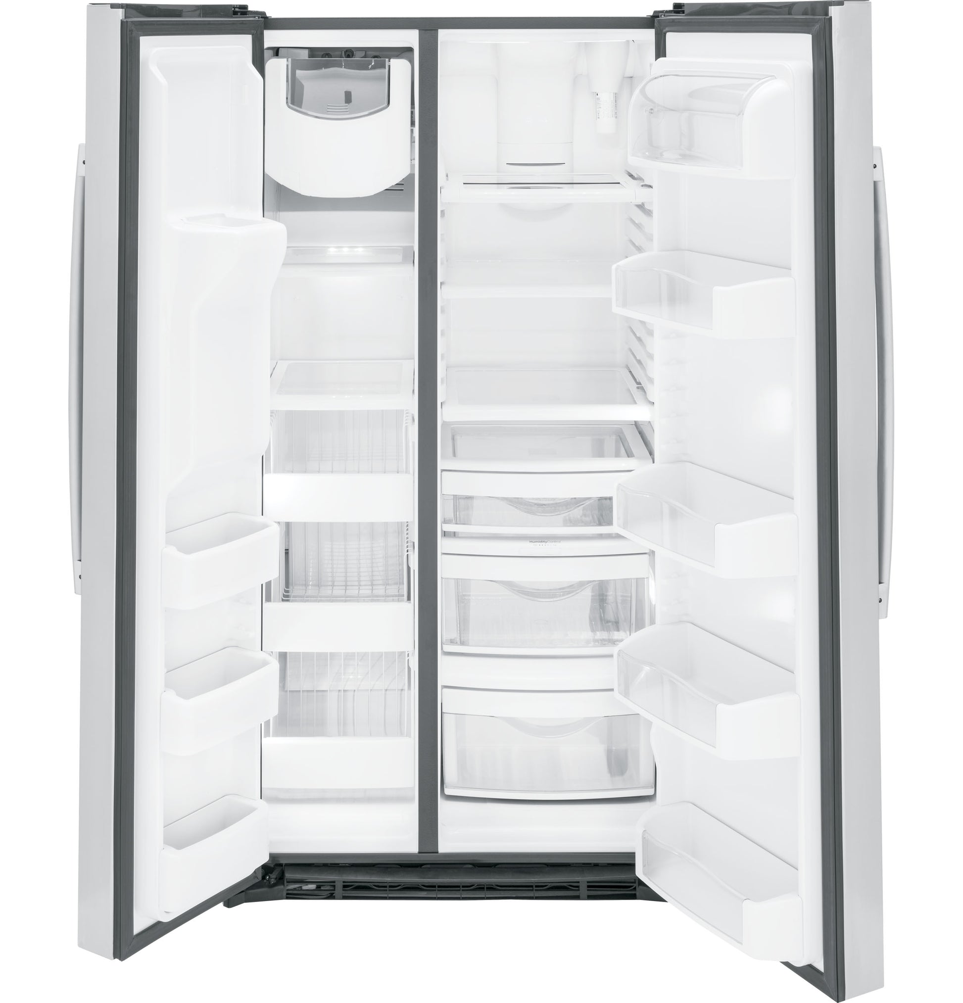 Open GE Profile side-by-side refrigerator with empty interior and adjustable glass shelves in appliances collection