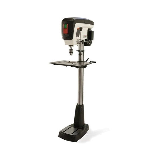 Floor-standing metal drill press with adjustable table and safety switch for home improvement projects and tool use