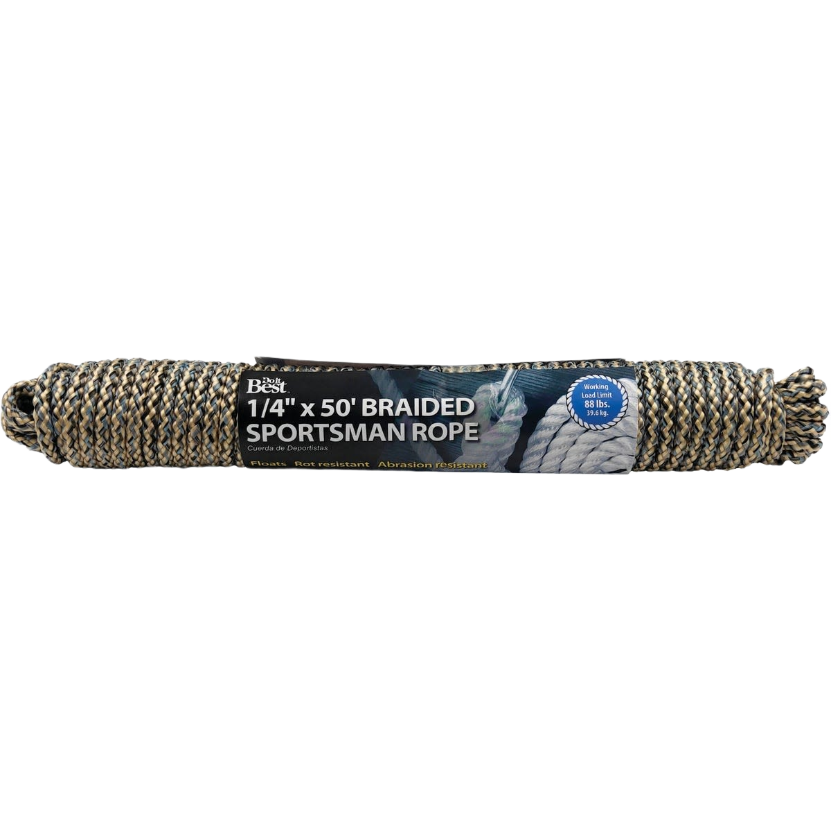 Camouflage braided polypropylene rope, 1/4 inch thick and 50 feet long, for outdoor tools and home improvement use