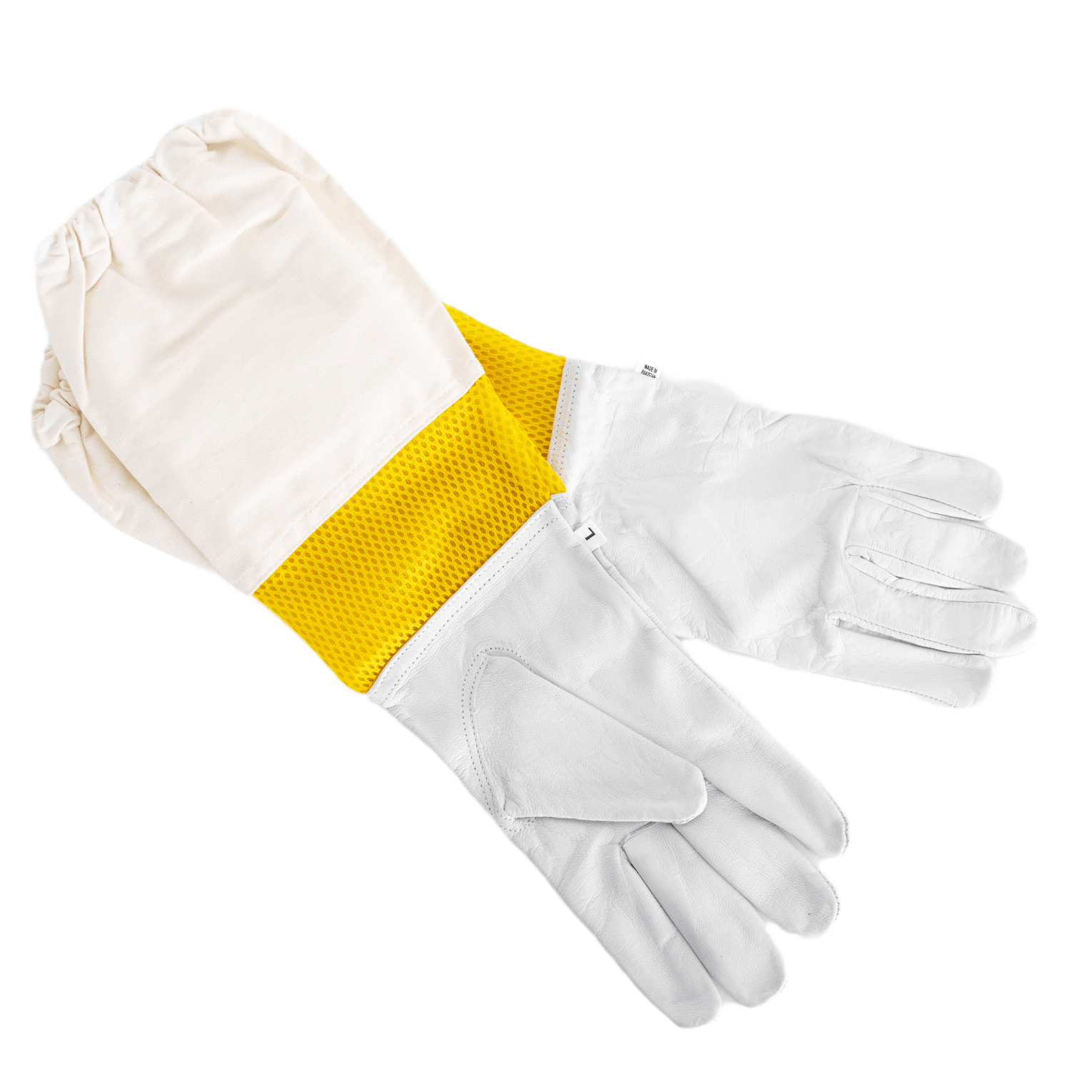 Large white goatskin gloves with yellow mesh ventilation and long canvas cuffs for beekeeping and home improvement use