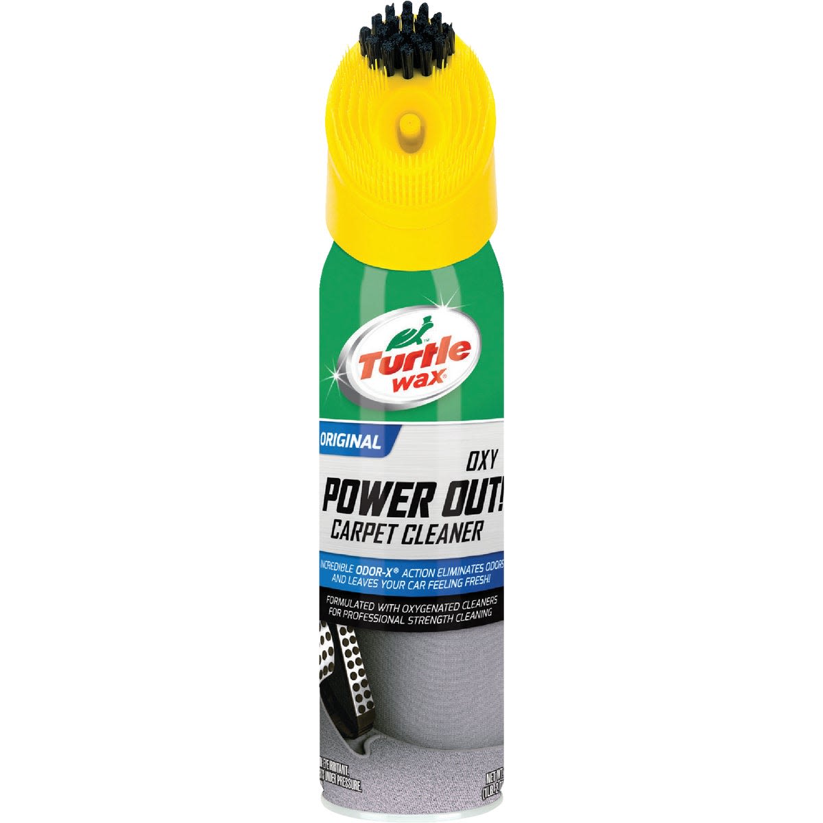 Green and yellow carpet cleaner spray with built-in brush for automotive and home use under $50 collection