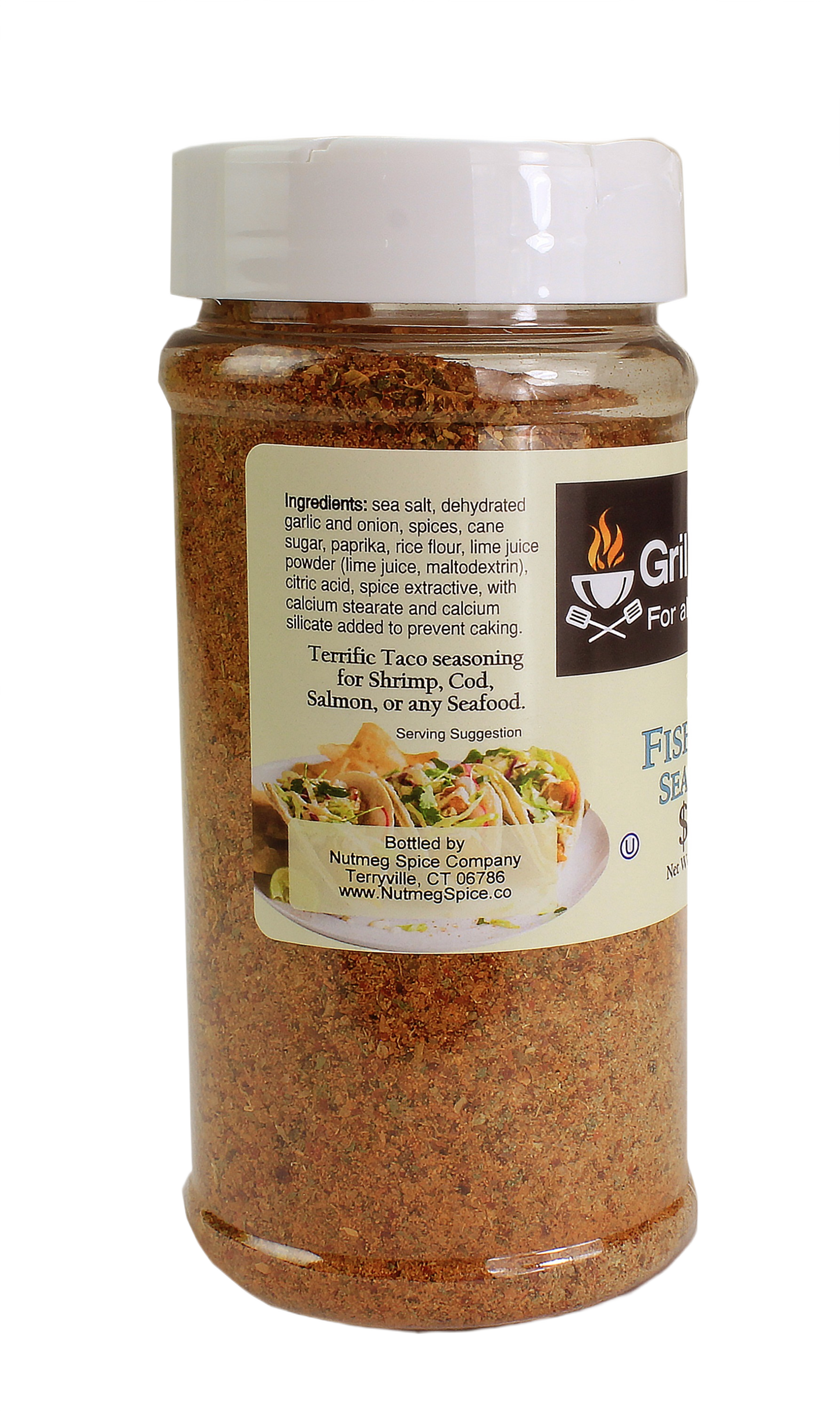 Clear jar of seafood taco seasoning with spices and lime powder for grilling and outdoor living collections
