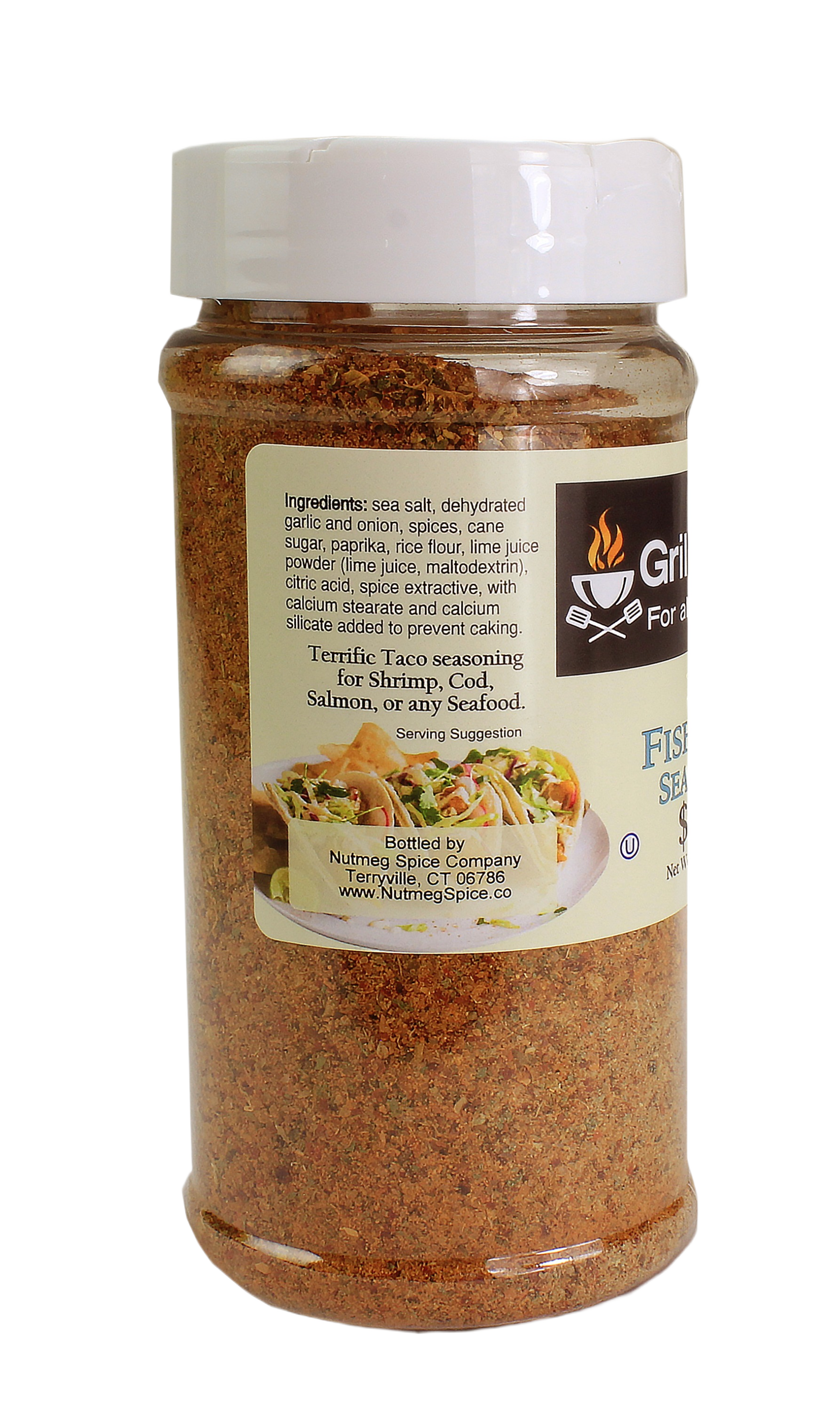 Clear jar of seafood taco seasoning with spices and lime powder for grilling and outdoor living collections