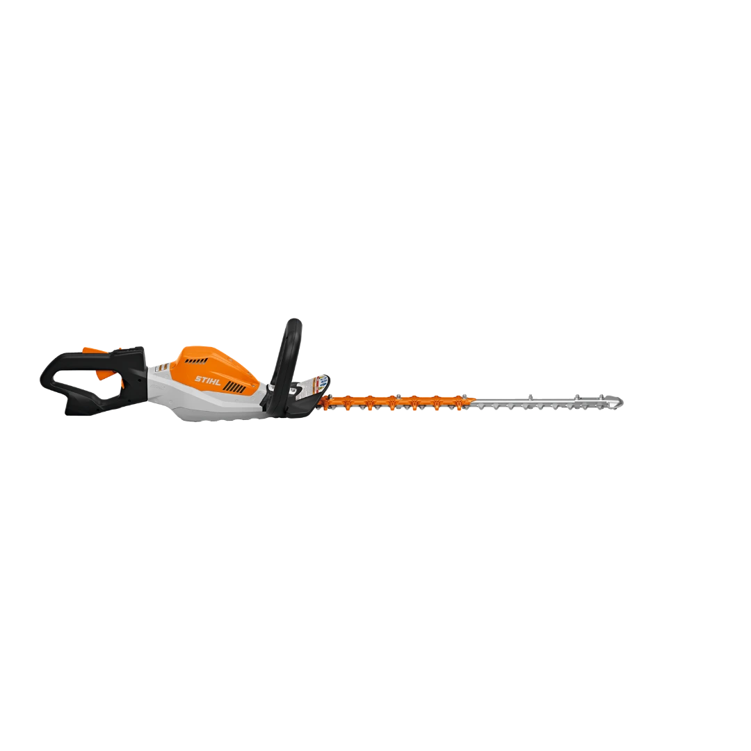 Orange and white battery-powered hedge trimmer with ergonomic handles for home improvement and landscaping tasks