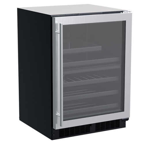Built-in black and stainless steel beverage center with glass door and multiple interior shelves for kitchen appliances collections
