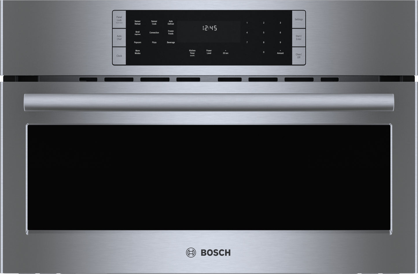 Stainless steel built-in speed oven with digital touch control panel in Bosch Microwaves and Appliances collections