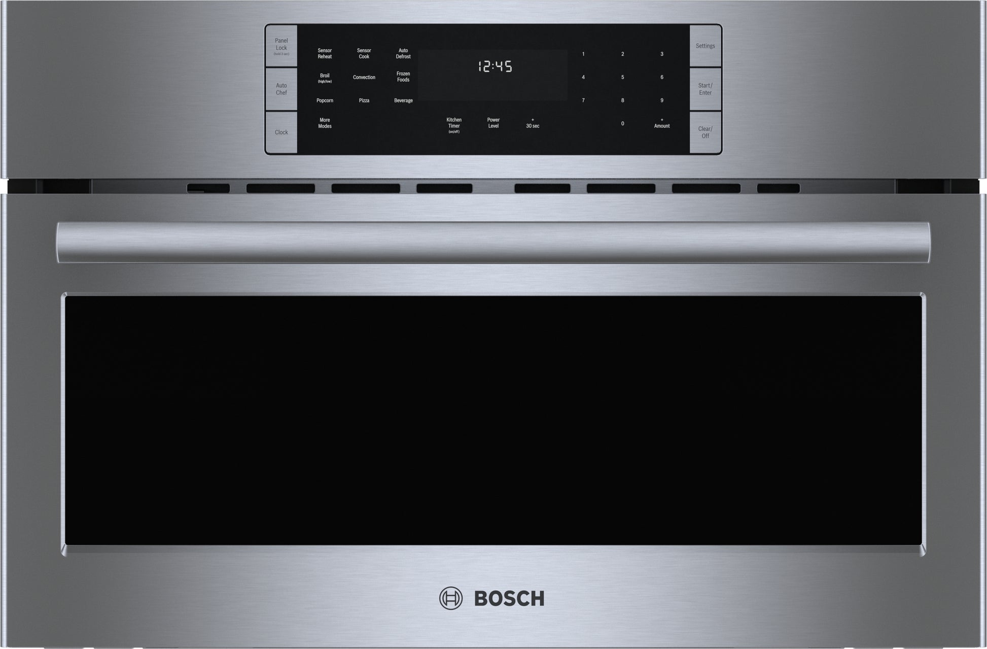 Stainless steel built-in speed oven with digital touch control panel in Bosch Microwaves and Appliances collections