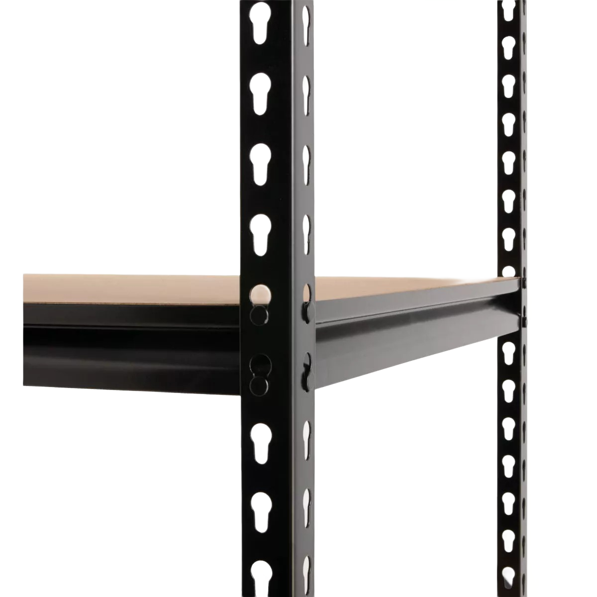 Black steel shelving frame with particleboard shelf for durable storage in home improvement and dorm organization spaces