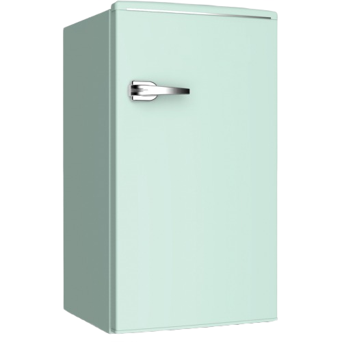 Compact pastel green retro-style single door refrigerator with chrome handle from kitchen appliances collection