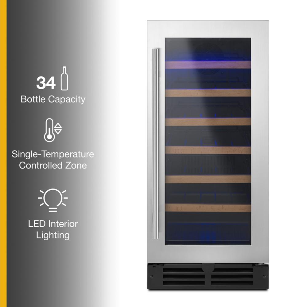 Stainless steel undercounter wine center with glass door, wooden shelves, and LED lighting in kitchen appliances collection