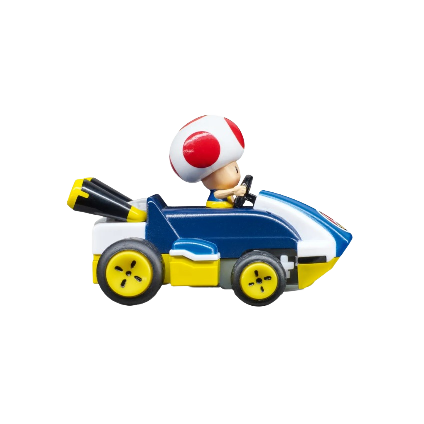Miniature remote control kart in blue and yellow with a Toad character wearing a red-spotted white mushroom helmet