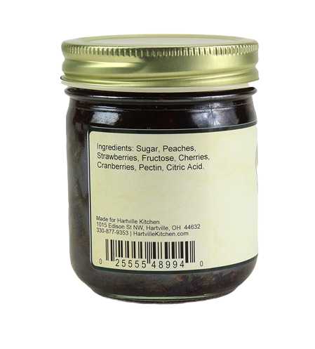 Back of 9 oz jar with ingredient list including peaches, strawberries, cherries, and cranberries in Jams & Jellies collection