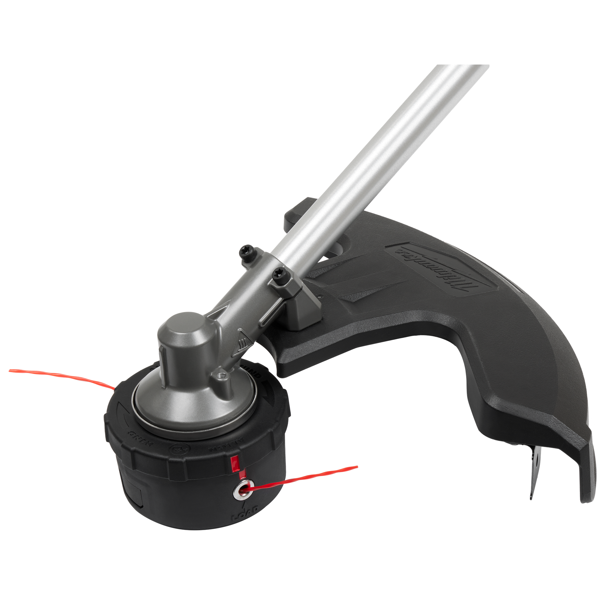 Close-up of black cutting head with red trimmer line and protective guard on Milwaukee M18 FUEL™ brush cutter for home improvement
