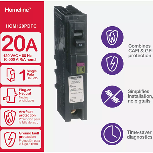 Black 20 amp single-pole circuit breaker with test button for home improvement electrical safety applications