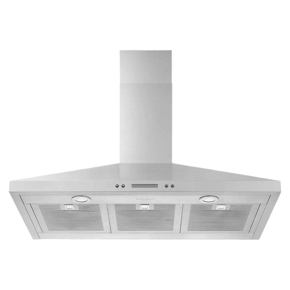 36-inch stainless steel chimney range hood with dishwasher-safe grease filters and LED lighting for kitchen ventilation