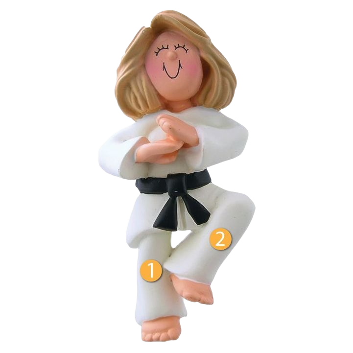 Blonde female karate figurine ornament in white uniform with black belt for Christmas tree decorations under $50 collection