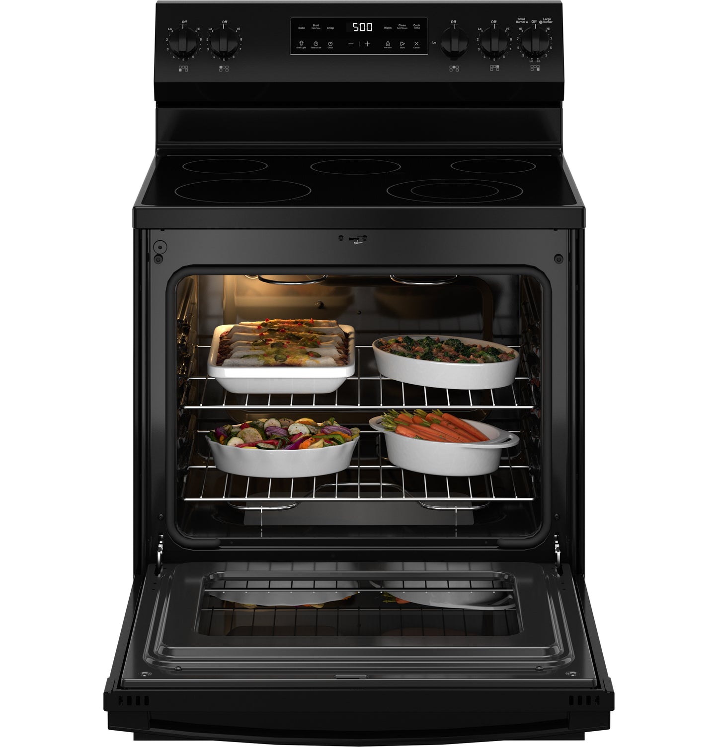 Black free-standing electric range with open oven loaded with multiple ceramic baking dishes in kitchen appliances collection