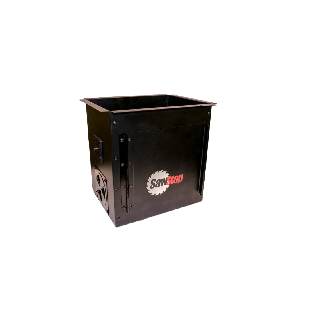 Black steel downdraft dust collection box with SawStop logo, designed for woodworking tool accessories and home improvement.