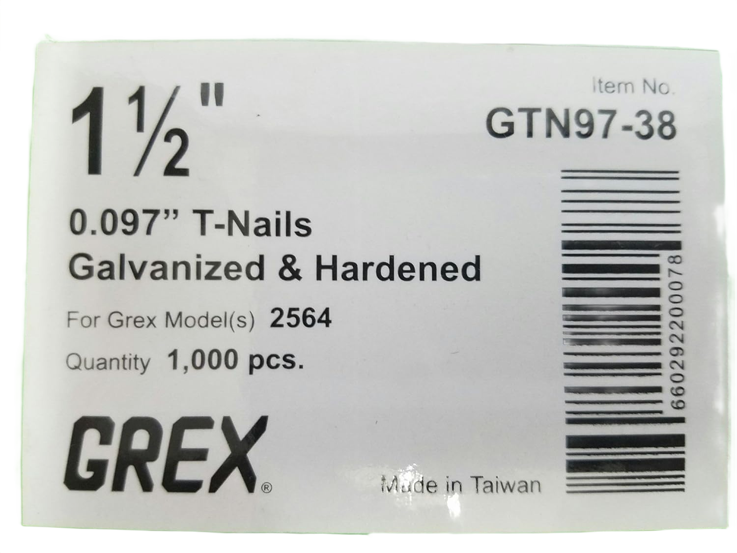 Box label showing specifications for galvanized and heat-hardened T-nails for hardware and home improvement use
