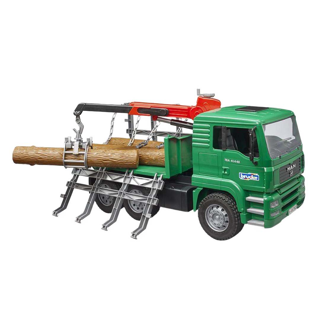Green Bruder timber truck toy featuring a working crane and three detailed wooden logs for home improvement play.