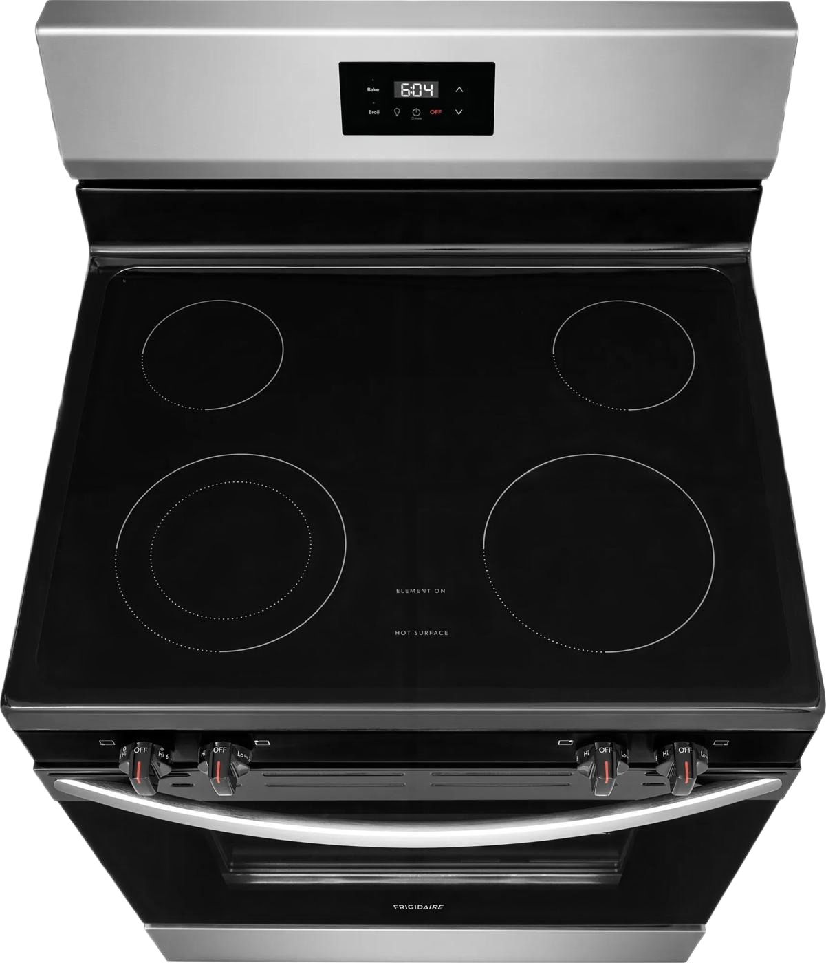 Top-down view of a stainless steel 30-inch rear control electric range with a smooth black glass cooktop featuring four radiant burners, in Ranges and Kitchen & Kitchenware collections.