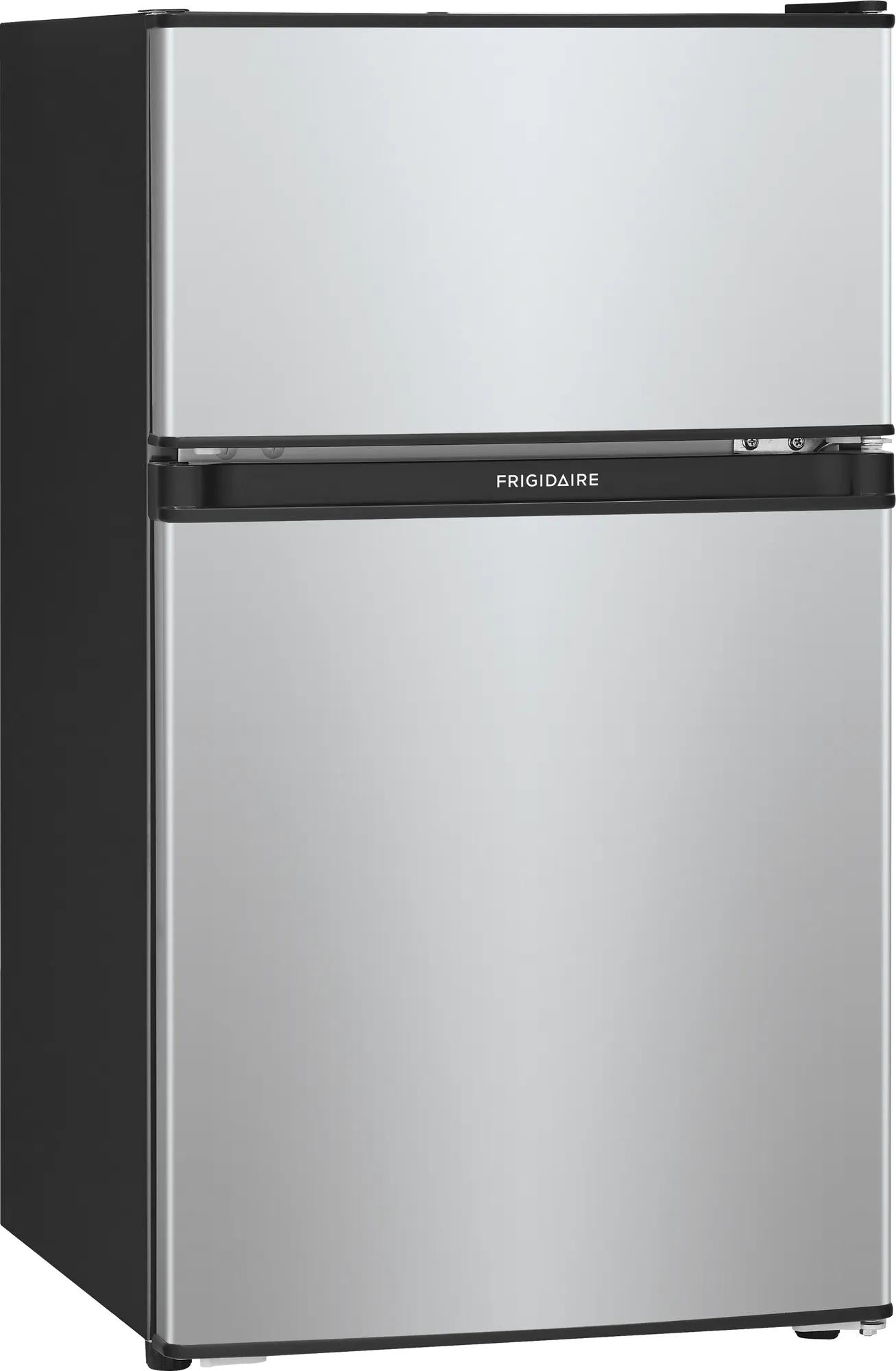 Compact silver and black mini refrigerator with top freezer door, ideal for kitchens and home appliances collection