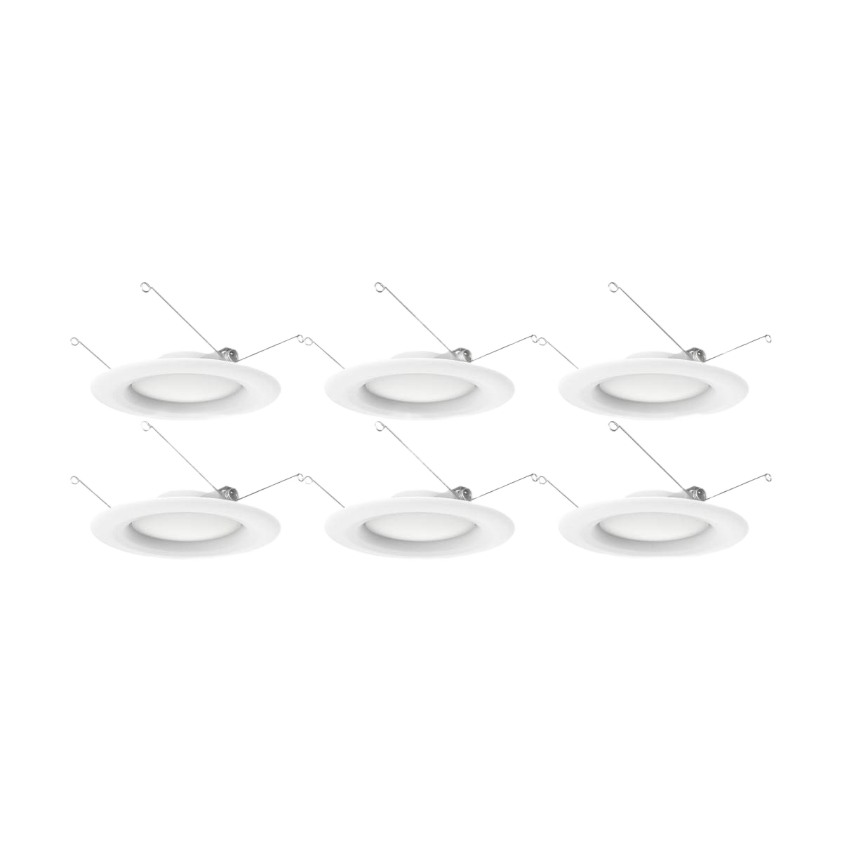 Set of six white LED downlight retrofit fixtures with attached wiring, suitable for lighting and electrical projects under $100.