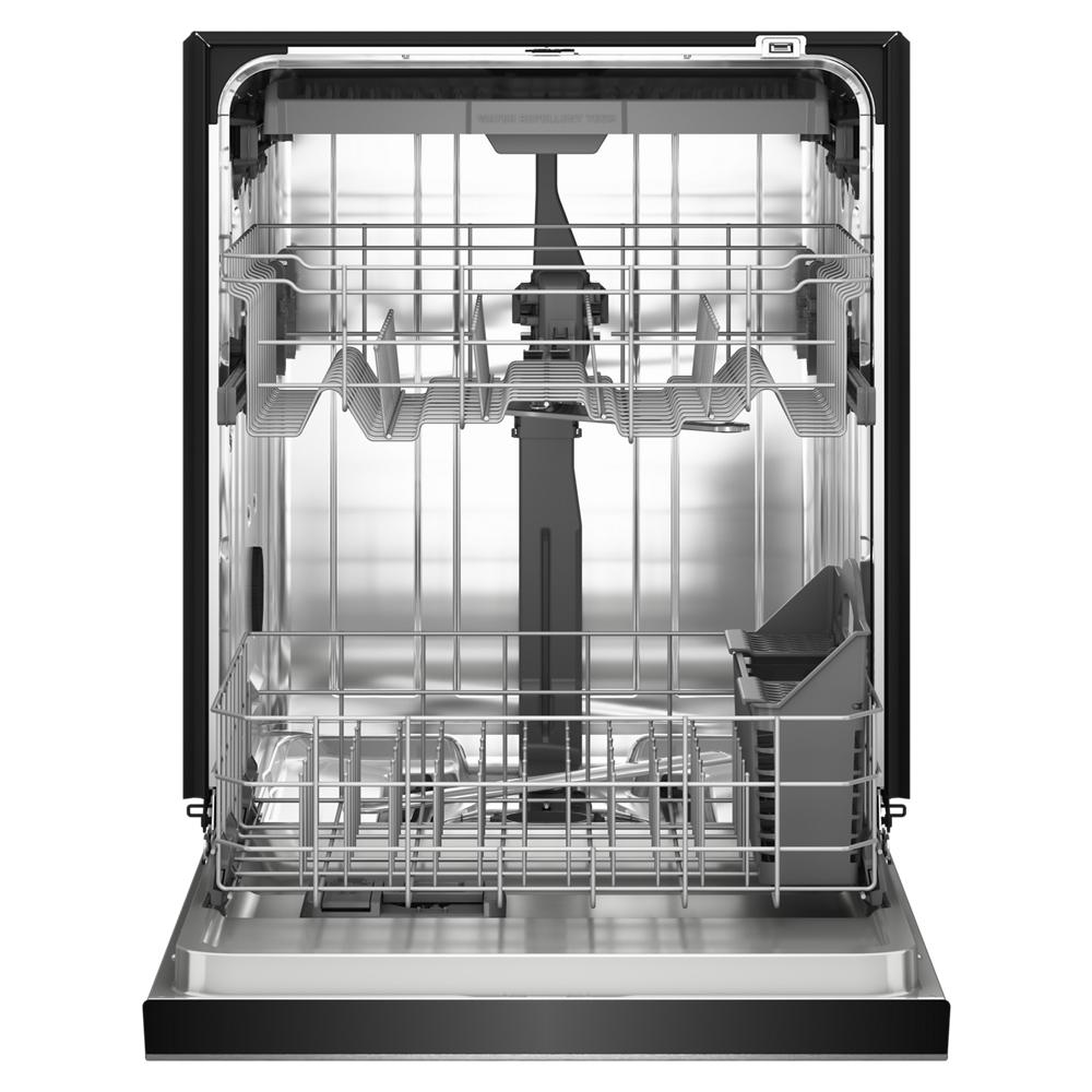 Open dishwasher in stainless steel with third level utensil rack and multiple wash jets in KitchenAid appliances collection