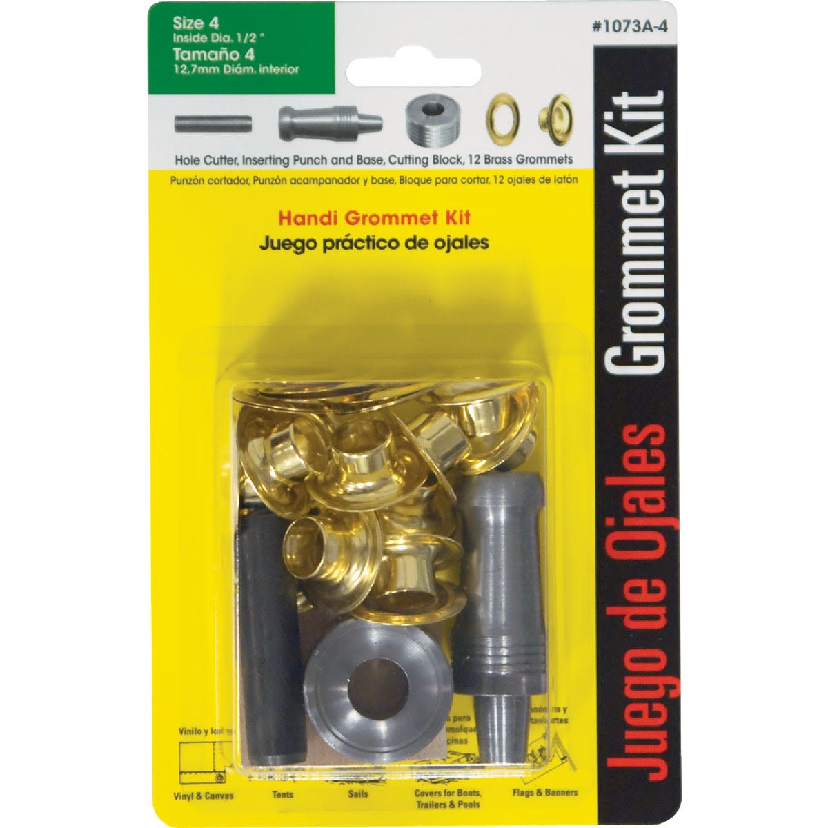 Brass grommet kit with hole cutter and punch for tools and home improvement projects