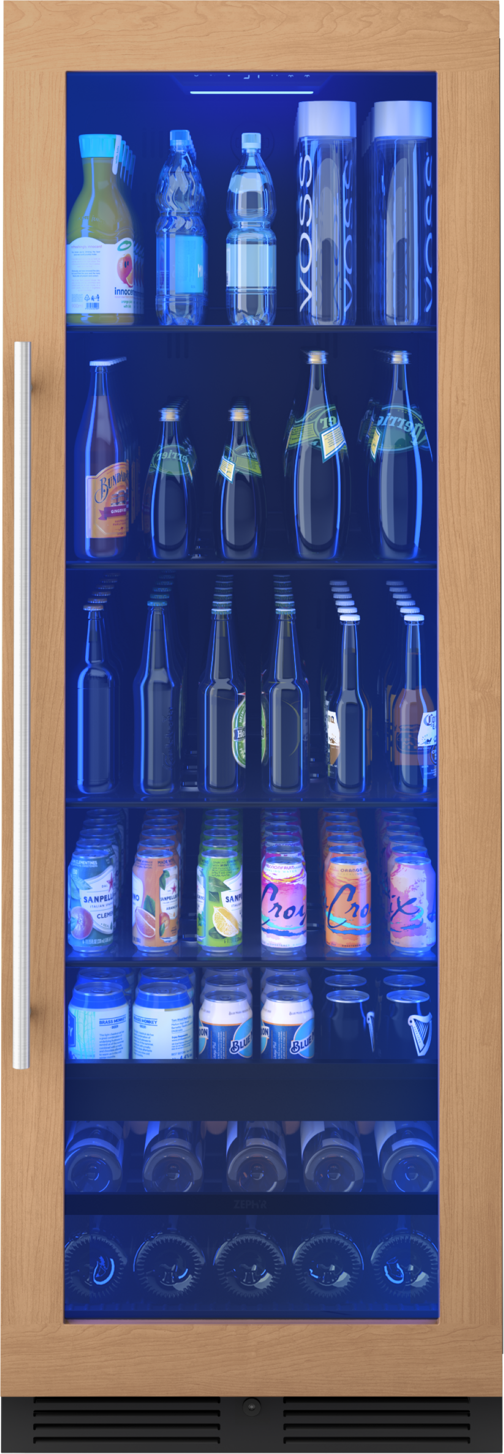 Full-size beverage cooler with glass front, wooden panel frame, stocked with assorted bottles and cans in Refrigerators at Hartville Hardware