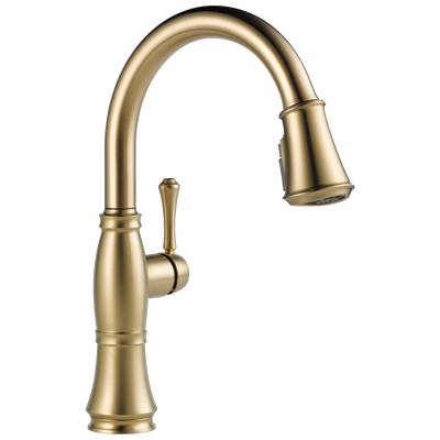 Single-handle pull-down kitchen faucet in Lumicoat champagne bronze finish for stylish home improvement collections