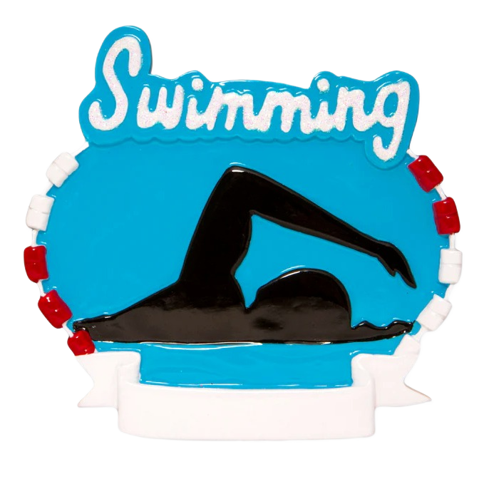 Blue swimming ornament featuring swimmer silhouette and decorative red and white lane markers for Christmas tree decor under $50 collection