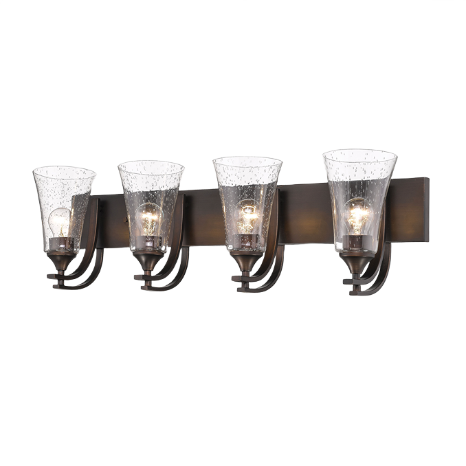 Four-light rubbed bronze bathroom sconce with clear seeded glass shades for vanity and wall lighting collections