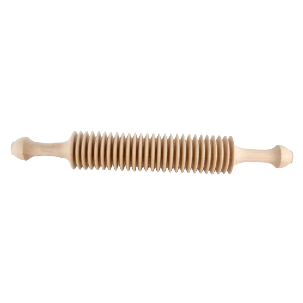 Unfinished cherry wood noodle cutter with evenly spaced grooves and carved handles for kitchenware collections under $50
