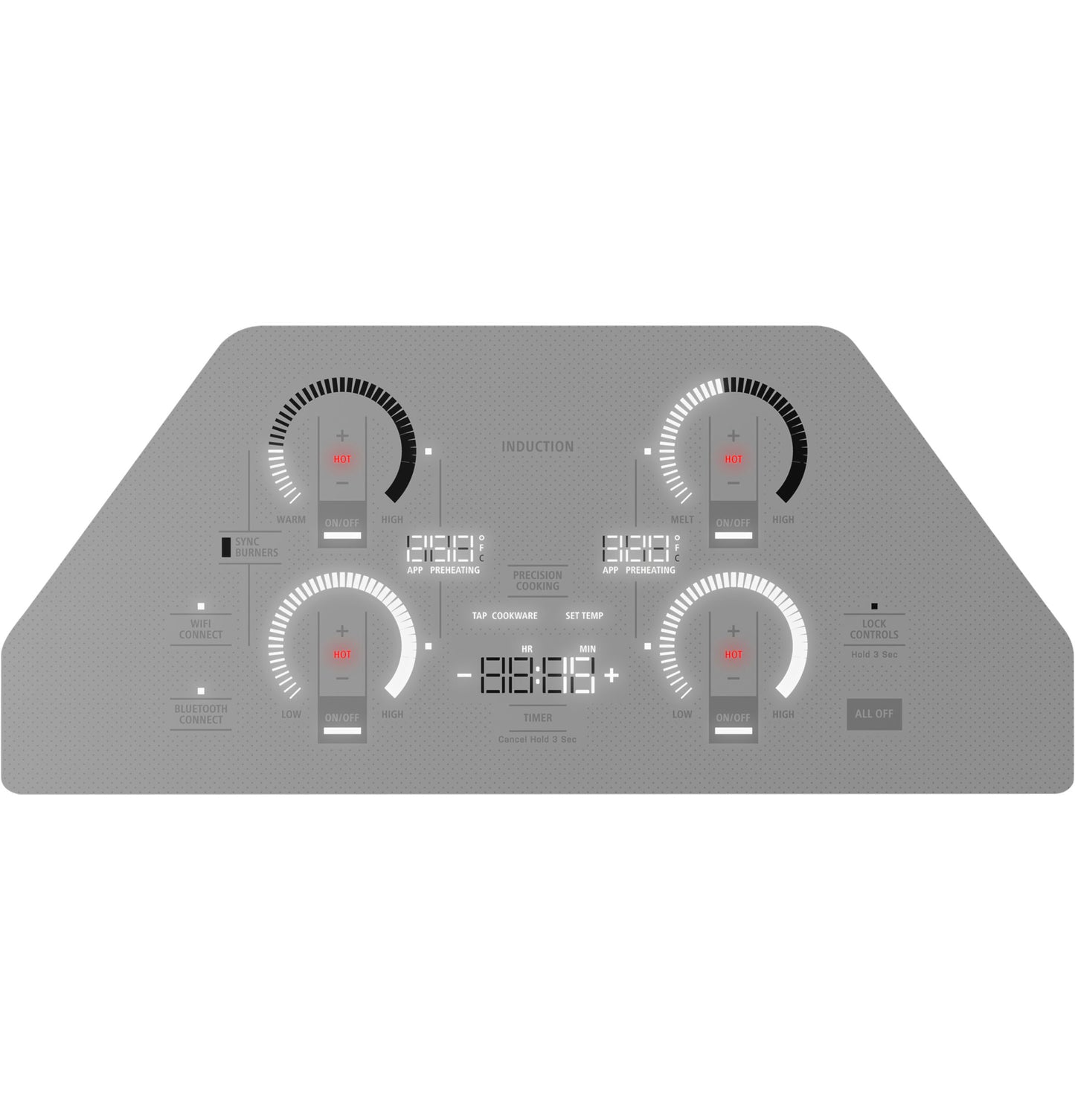 Control panel of a gray induction cooktop with four digital heating controls and displays in kitchen appliances collection